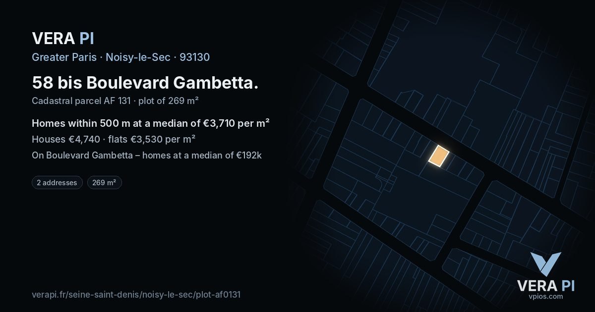 58 bis Boulevard Gambetta, Noisy-le-Sec at night – the plot lit, the parcels around coloured by the prices near them