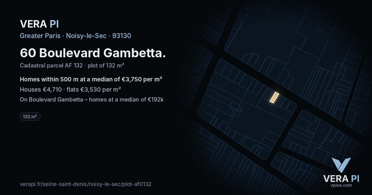 60 Boulevard Gambetta, Noisy-le-Sec at night – the plot lit, the parcels around coloured by the prices near them