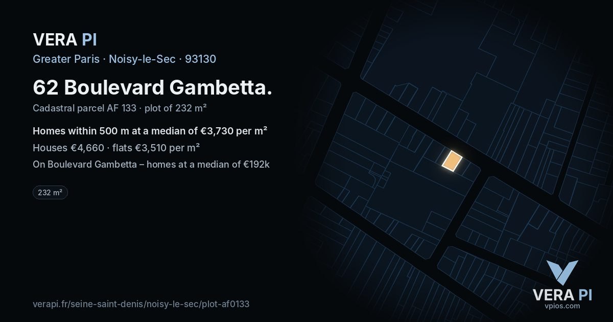 62 Boulevard Gambetta, Noisy-le-Sec at night – the plot lit, the parcels around coloured by the prices near them
