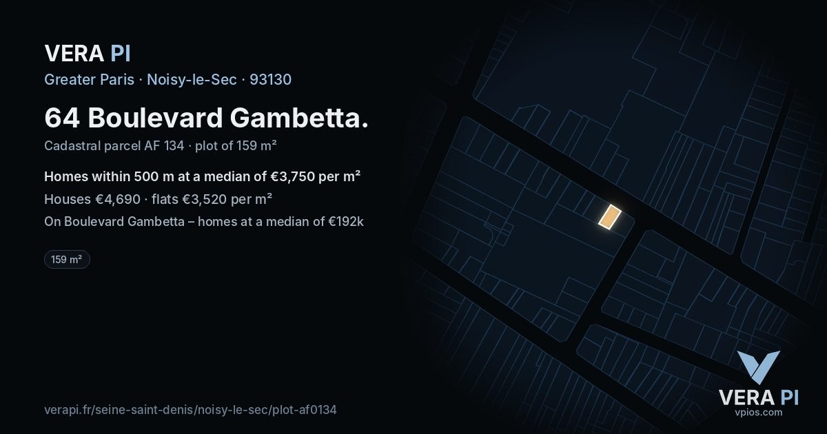 64 Boulevard Gambetta, Noisy-le-Sec at night – the plot lit, the parcels around coloured by the prices near them