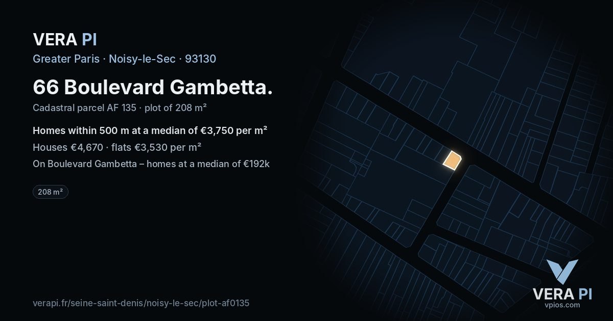 66 Boulevard Gambetta, Noisy-le-Sec at night – the plot lit, the parcels around coloured by the prices near them