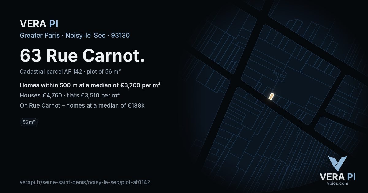 63 Rue Carnot, Noisy-le-Sec at night – the plot lit, the parcels around coloured by the prices near them