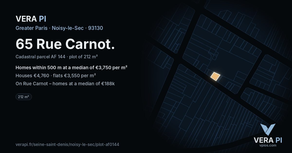 65 Rue Carnot, Noisy-le-Sec at night – the plot lit, the parcels around coloured by the prices near them