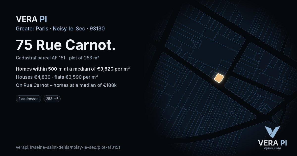 75 Rue Carnot, Noisy-le-Sec at night – the plot lit, the parcels around coloured by the prices near them
