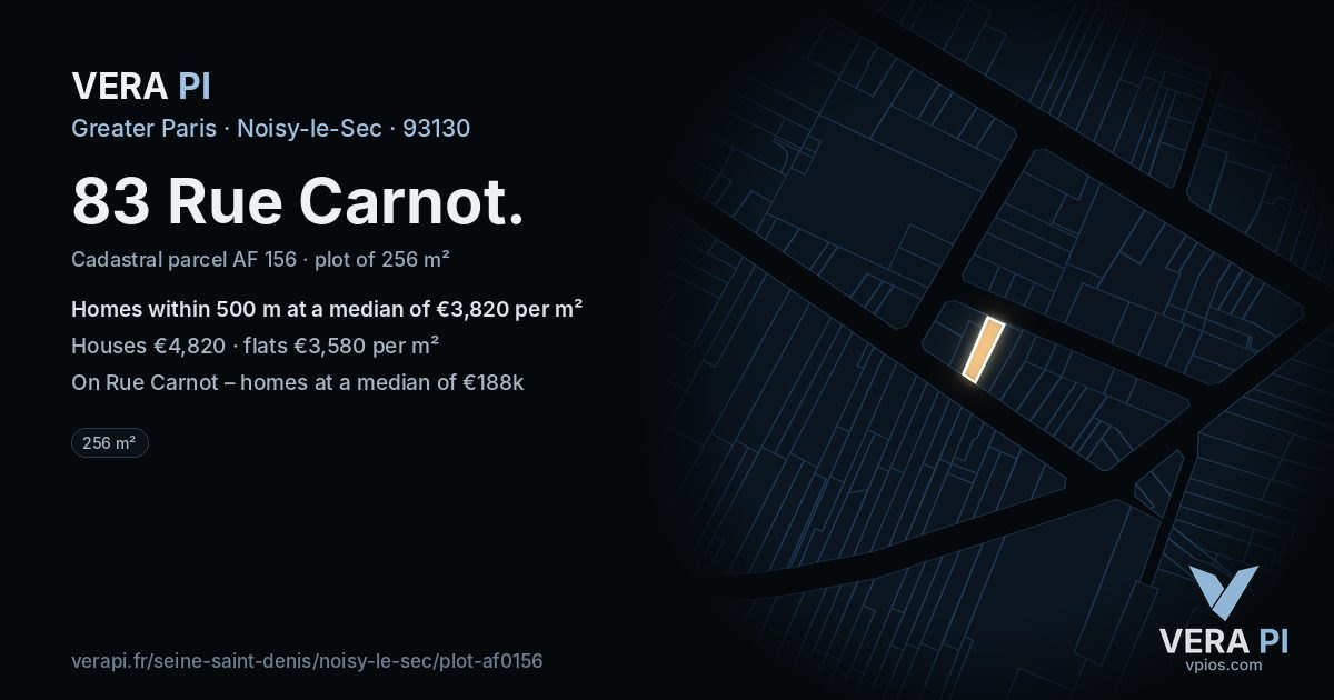 83 Rue Carnot, Noisy-le-Sec at night – the plot lit, the parcels around coloured by the prices near them