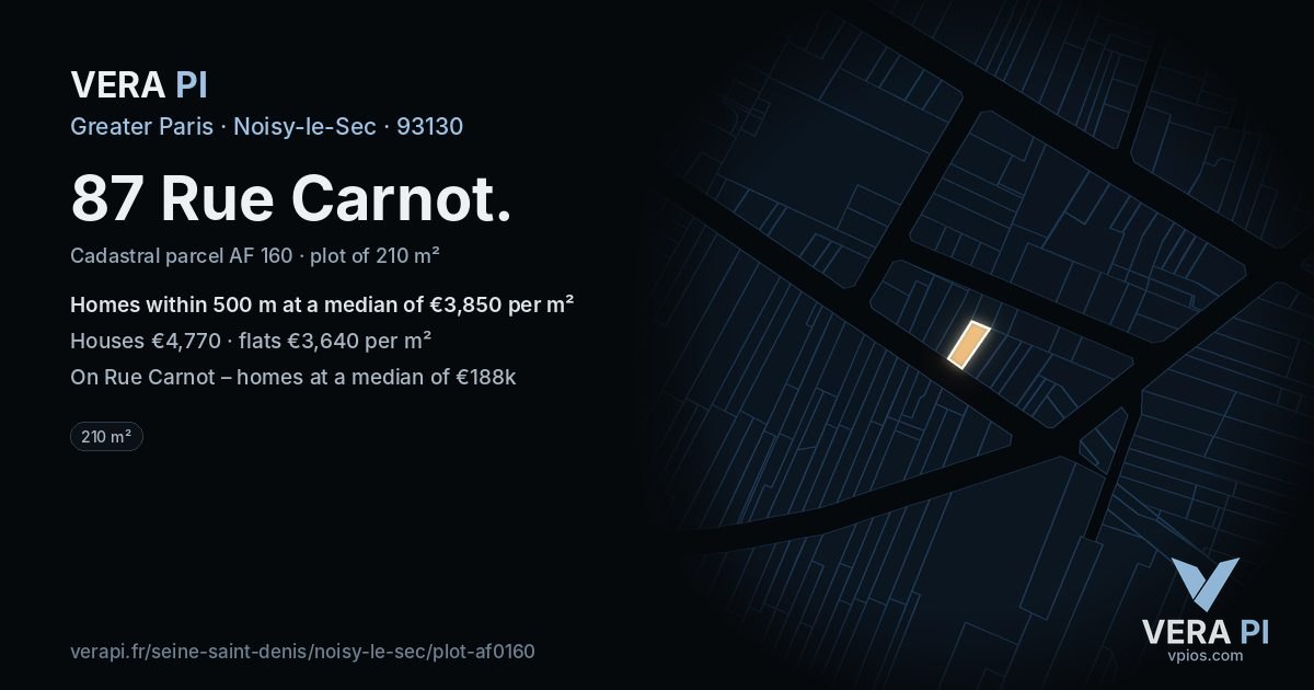 87 Rue Carnot, Noisy-le-Sec at night – the plot lit, the parcels around coloured by the prices near them