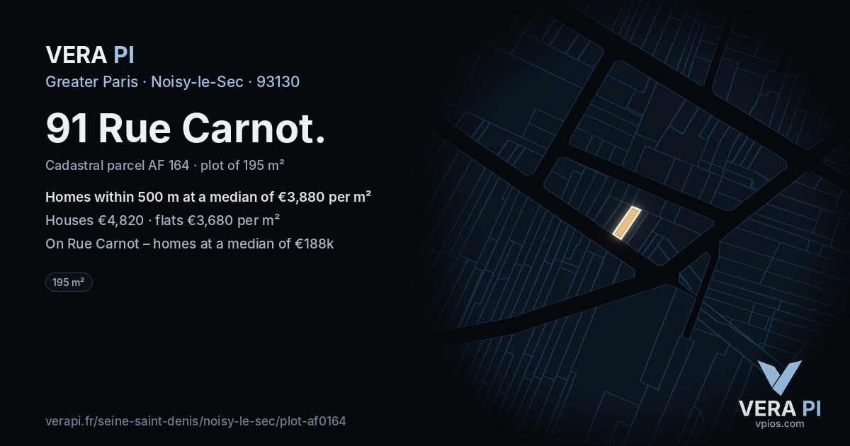 91 Rue Carnot, Noisy-le-Sec at night – the plot lit, the parcels around coloured by the prices near them