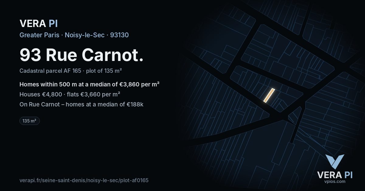 93 Rue Carnot, Noisy-le-Sec at night – the plot lit, the parcels around coloured by the prices near them
