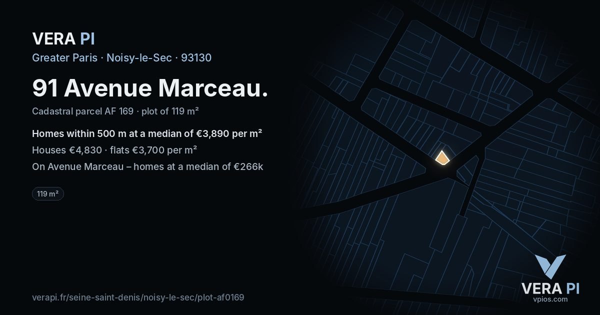 91 Avenue Marceau, Noisy-le-Sec at night – the plot lit, the parcels around coloured by the prices near them