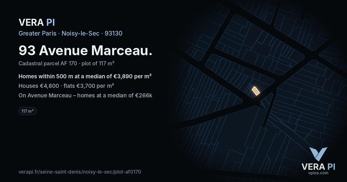 93 Avenue Marceau, Noisy-le-Sec at night – the plot lit, the parcels around coloured by the prices near them