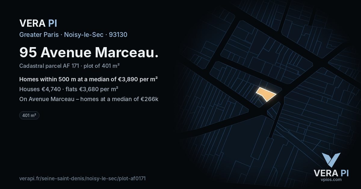 95 Avenue Marceau, Noisy-le-Sec at night – the plot lit, the parcels around coloured by the prices near them