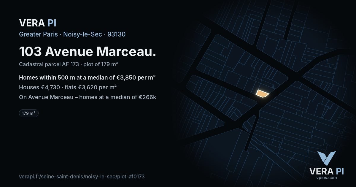 103 Avenue Marceau, Noisy-le-Sec at night – the plot lit, the parcels around coloured by the prices near them
