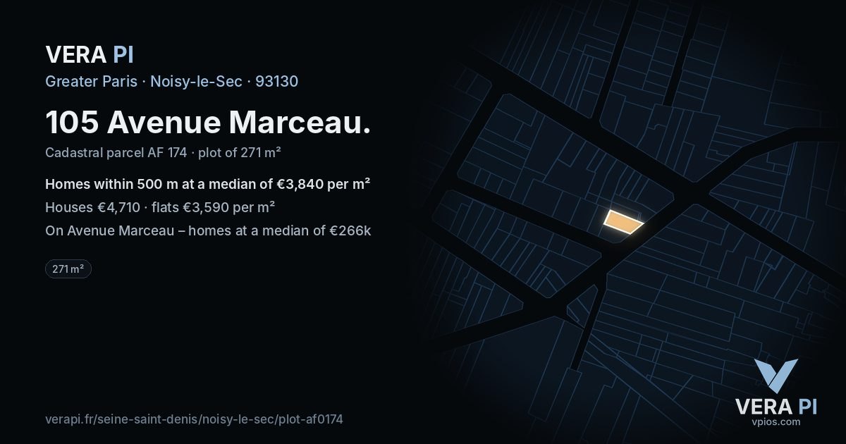 105 Avenue Marceau, Noisy-le-Sec at night – the plot lit, the parcels around coloured by the prices near them