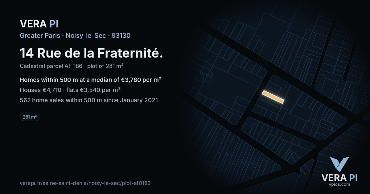 14 Rue de la Fraternité, Noisy-le-Sec at night – the plot lit, the parcels around coloured by the prices near them
