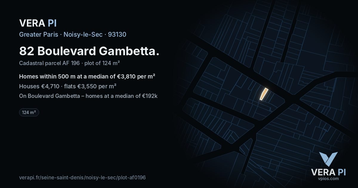 82 Boulevard Gambetta, Noisy-le-Sec at night – the plot lit, the parcels around coloured by the prices near them