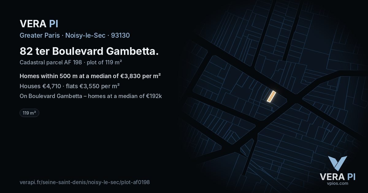 82 ter Boulevard Gambetta, Noisy-le-Sec at night – the plot lit, the parcels around coloured by the prices near them