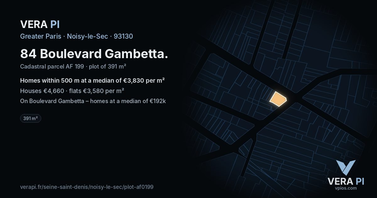 84 Boulevard Gambetta, Noisy-le-Sec at night – the plot lit, the parcels around coloured by the prices near them