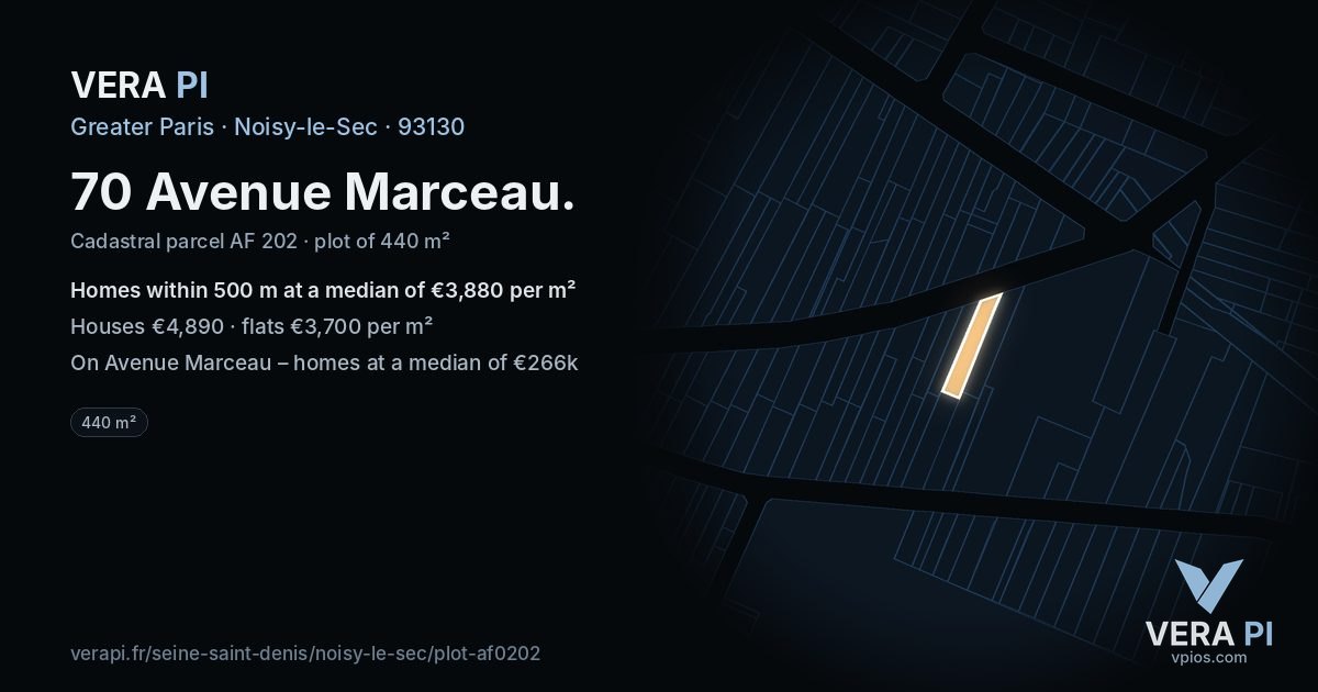 70 Avenue Marceau, Noisy-le-Sec at night – the plot lit, the parcels around coloured by the prices near them