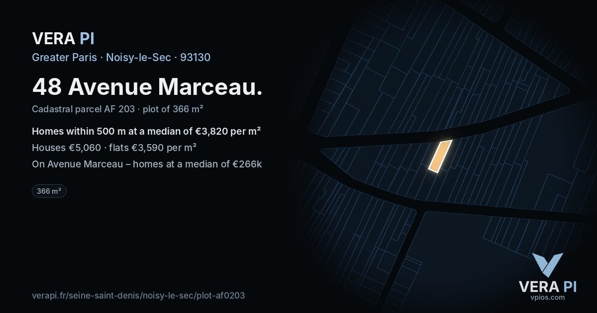 48 Avenue Marceau, Noisy-le-Sec at night – the plot lit, the parcels around coloured by the prices near them