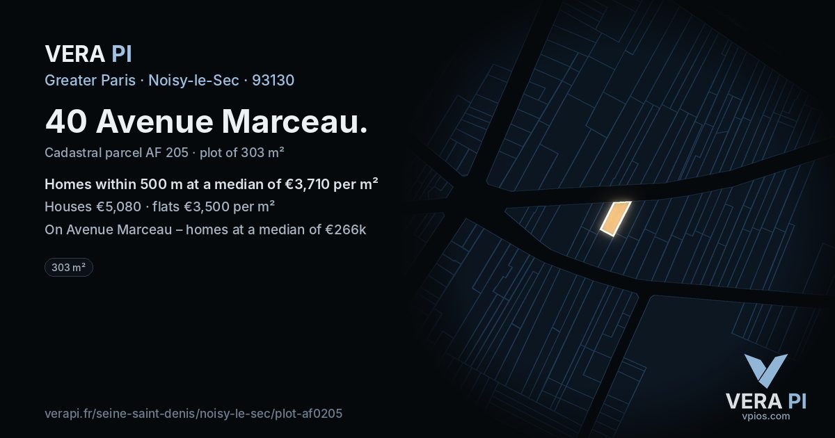 40 Avenue Marceau, Noisy-le-Sec at night – the plot lit, the parcels around coloured by the prices near them