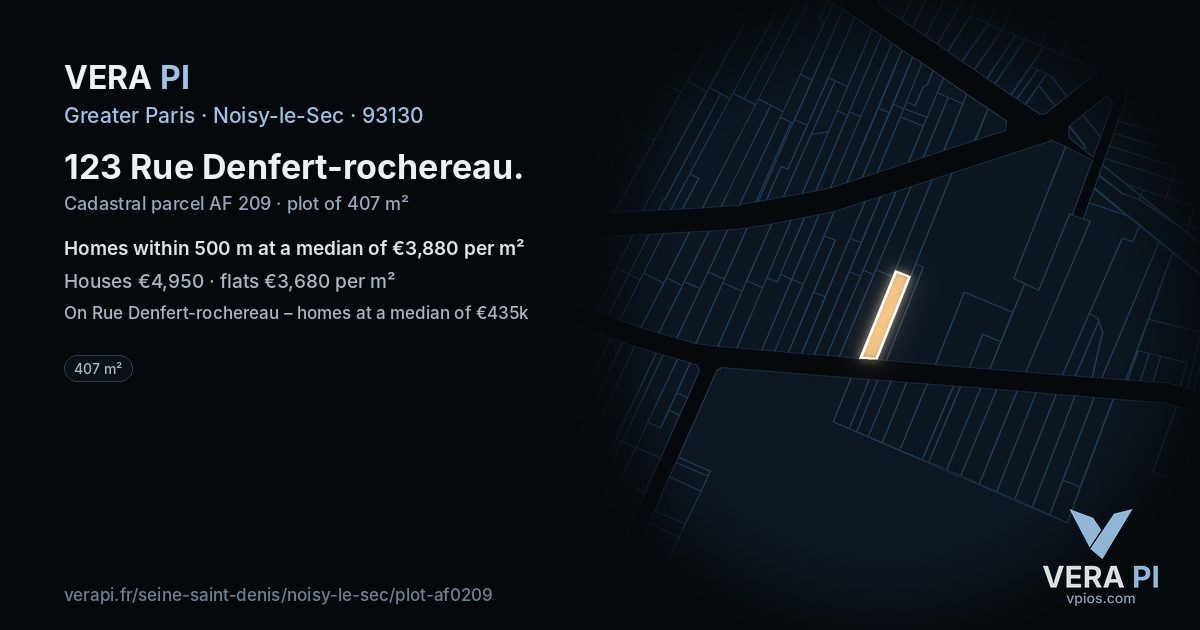 123 Rue Denfert-rochereau, Noisy-le-Sec at night – the plot lit, the parcels around coloured by the prices near them