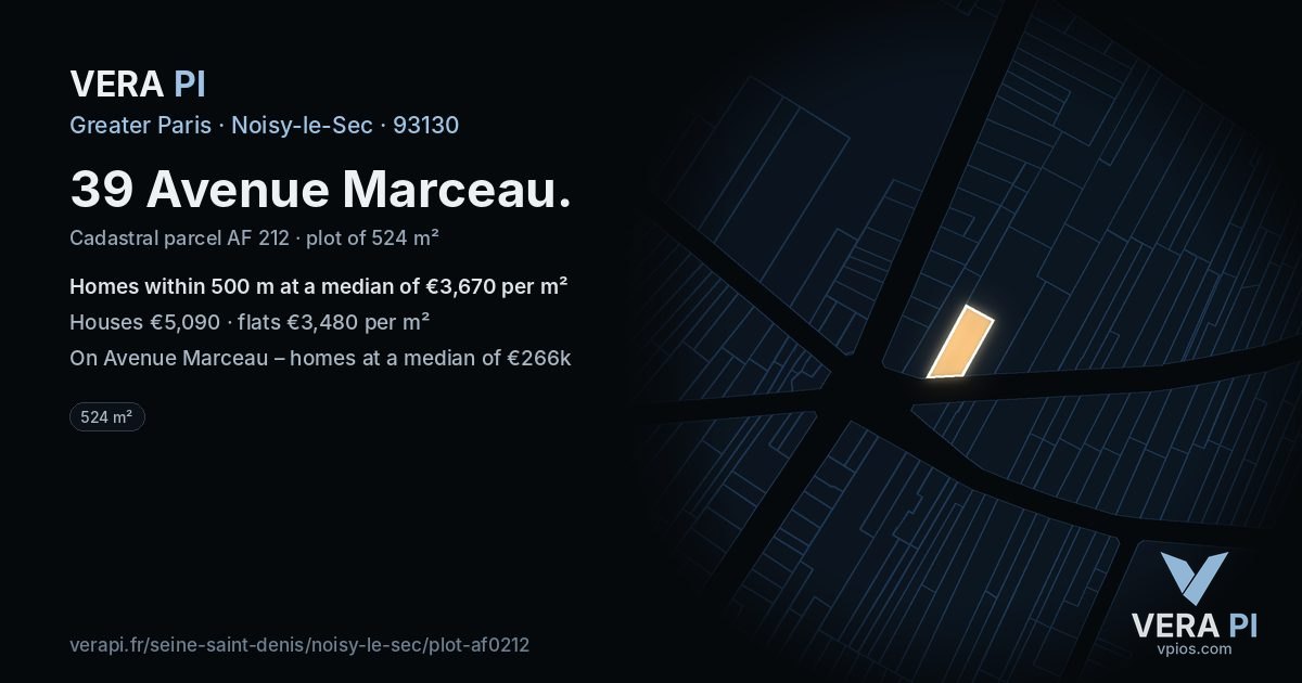 39 Avenue Marceau, Noisy-le-Sec at night – the plot lit, the parcels around coloured by the prices near them