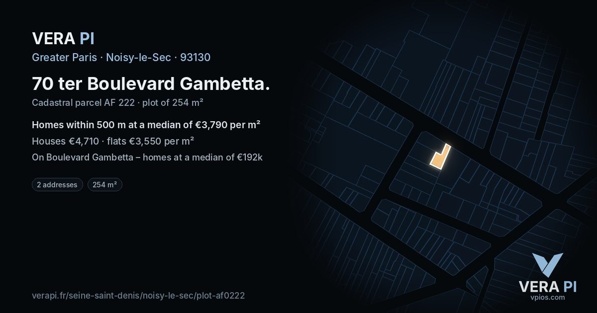 70 ter Boulevard Gambetta, Noisy-le-Sec at night – the plot lit, the parcels around coloured by the prices near them