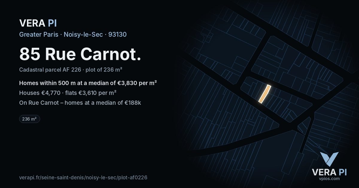 85 Rue Carnot, Noisy-le-Sec at night – the plot lit, the parcels around coloured by the prices near them