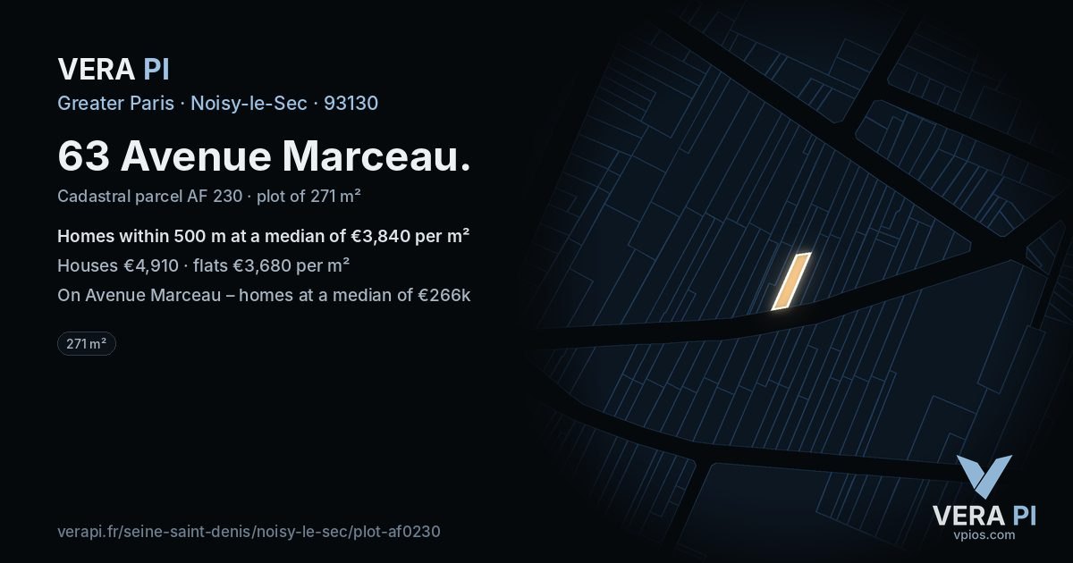 63 Avenue Marceau, Noisy-le-Sec at night – the plot lit, the parcels around coloured by the prices near them