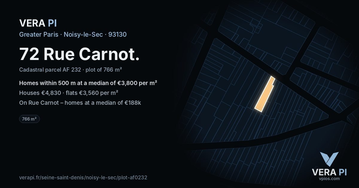 72 Rue Carnot, Noisy-le-Sec at night – the plot lit, the parcels around coloured by the prices near them