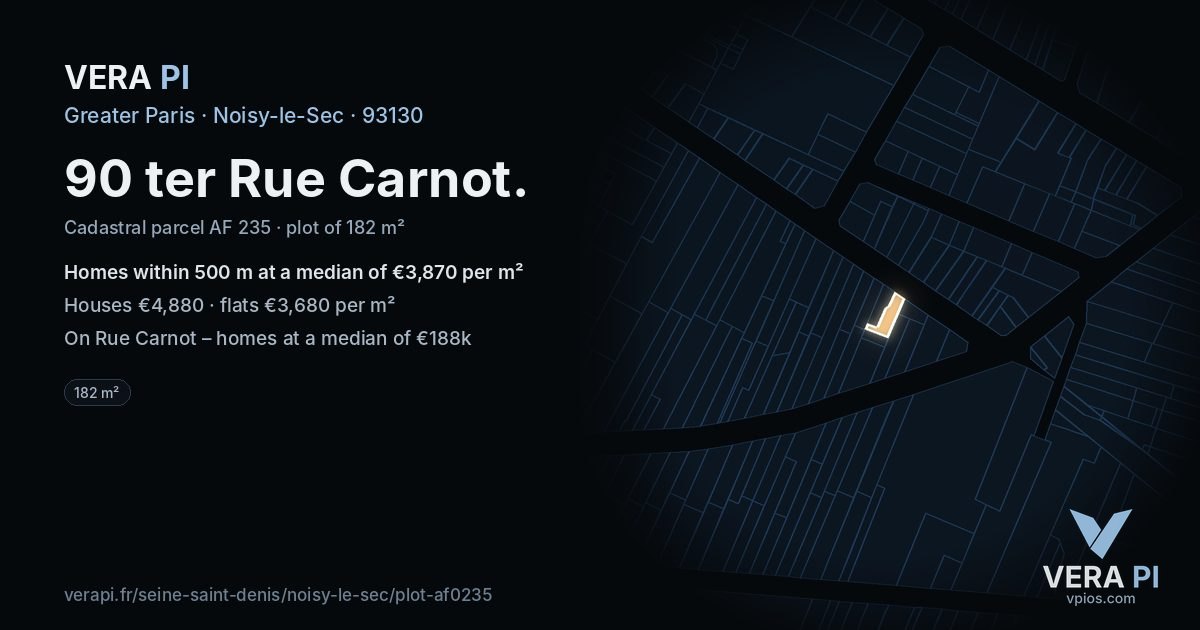 90 ter Rue Carnot, Noisy-le-Sec at night – the plot lit, the parcels around coloured by the prices near them