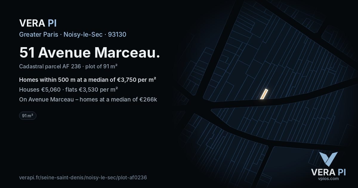51 Avenue Marceau, Noisy-le-Sec at night – the plot lit, the parcels around coloured by the prices near them