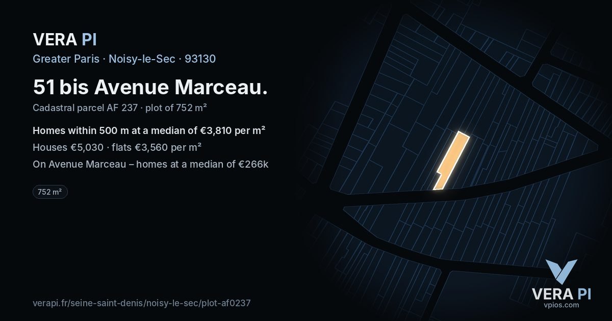 51 bis Avenue Marceau, Noisy-le-Sec at night – the plot lit, the parcels around coloured by the prices near them