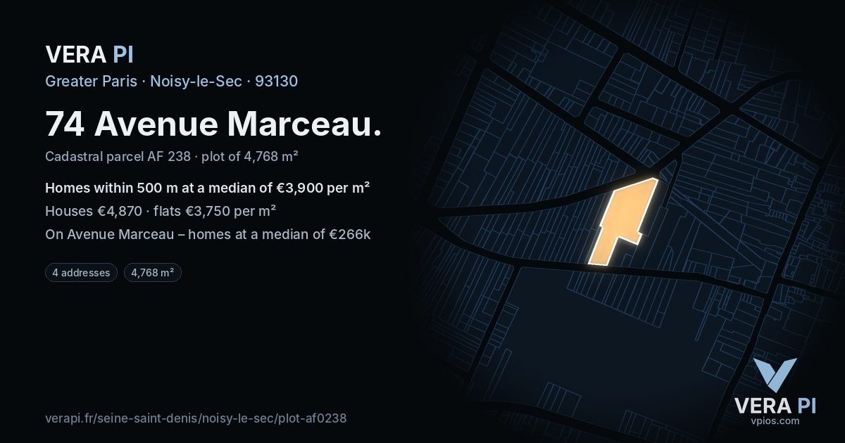 74 Avenue Marceau, Noisy-le-Sec at night – the plot lit, the parcels around coloured by the prices near them