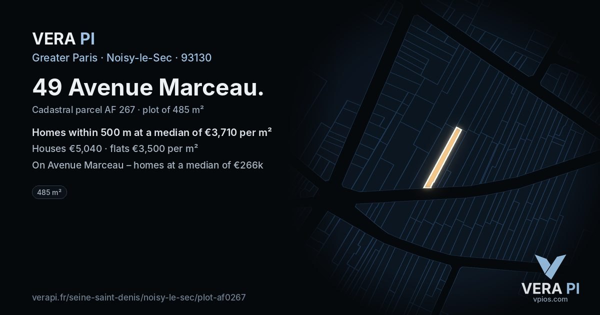 49 Avenue Marceau, Noisy-le-Sec at night – the plot lit, the parcels around coloured by the prices near them