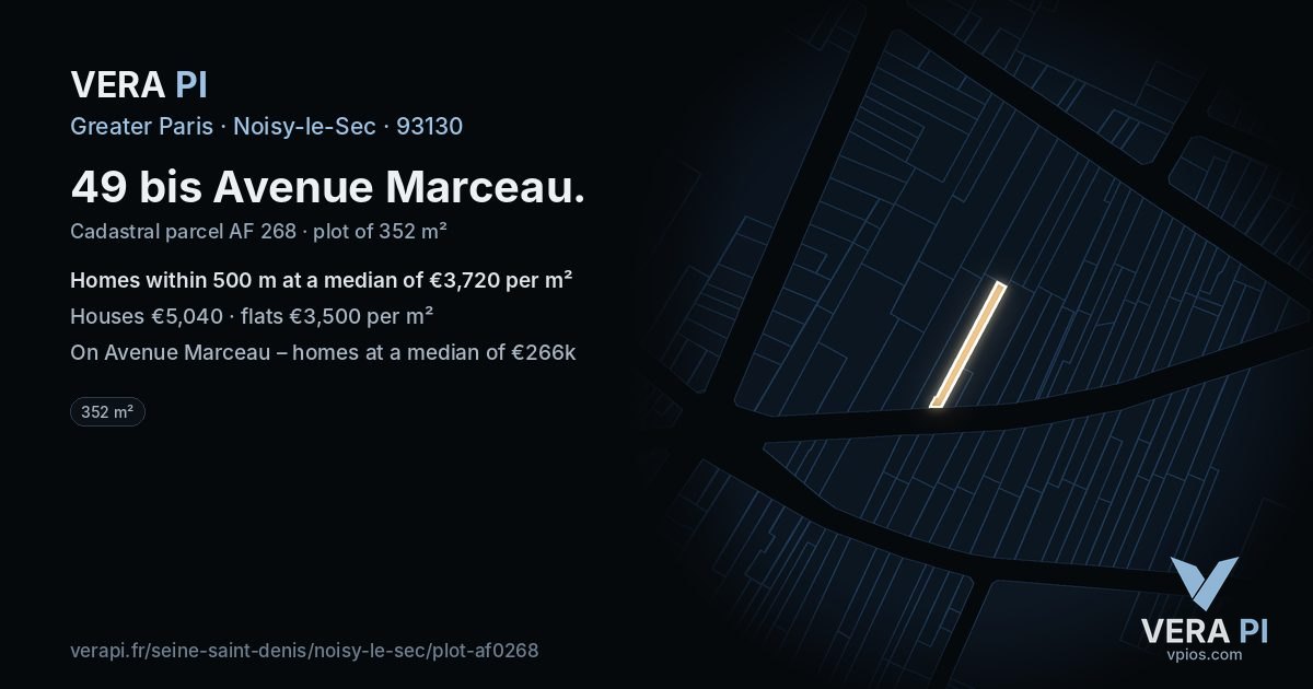 49 bis Avenue Marceau, Noisy-le-Sec at night – the plot lit, the parcels around coloured by the prices near them