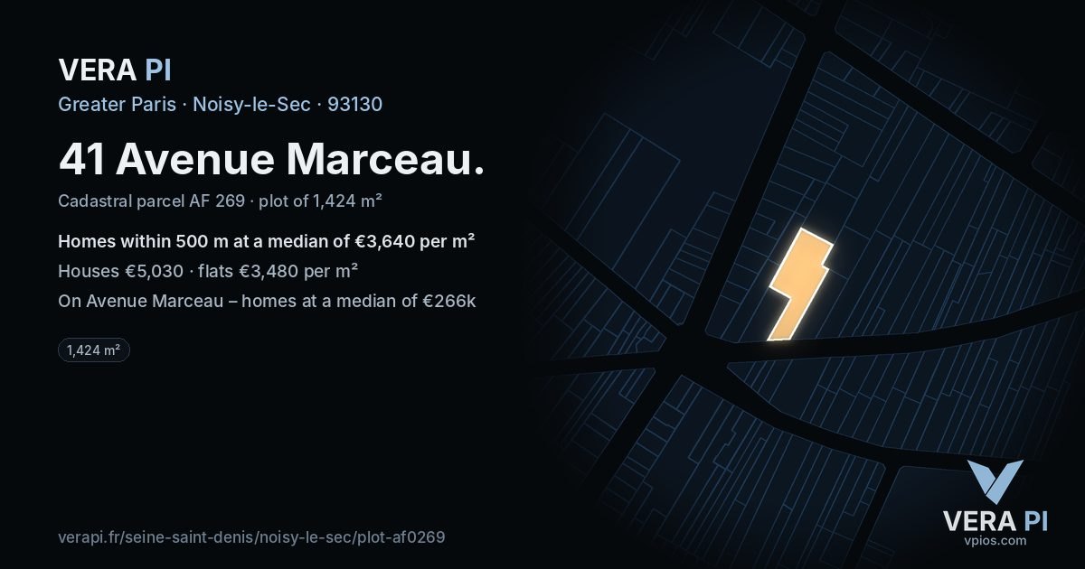 41 Avenue Marceau, Noisy-le-Sec at night – the plot lit, the parcels around coloured by the prices near them