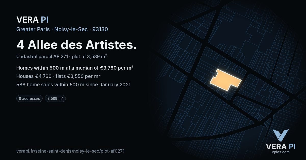 4 Allee des Artistes, Noisy-le-Sec at night – the plot lit, the parcels around coloured by the prices near them