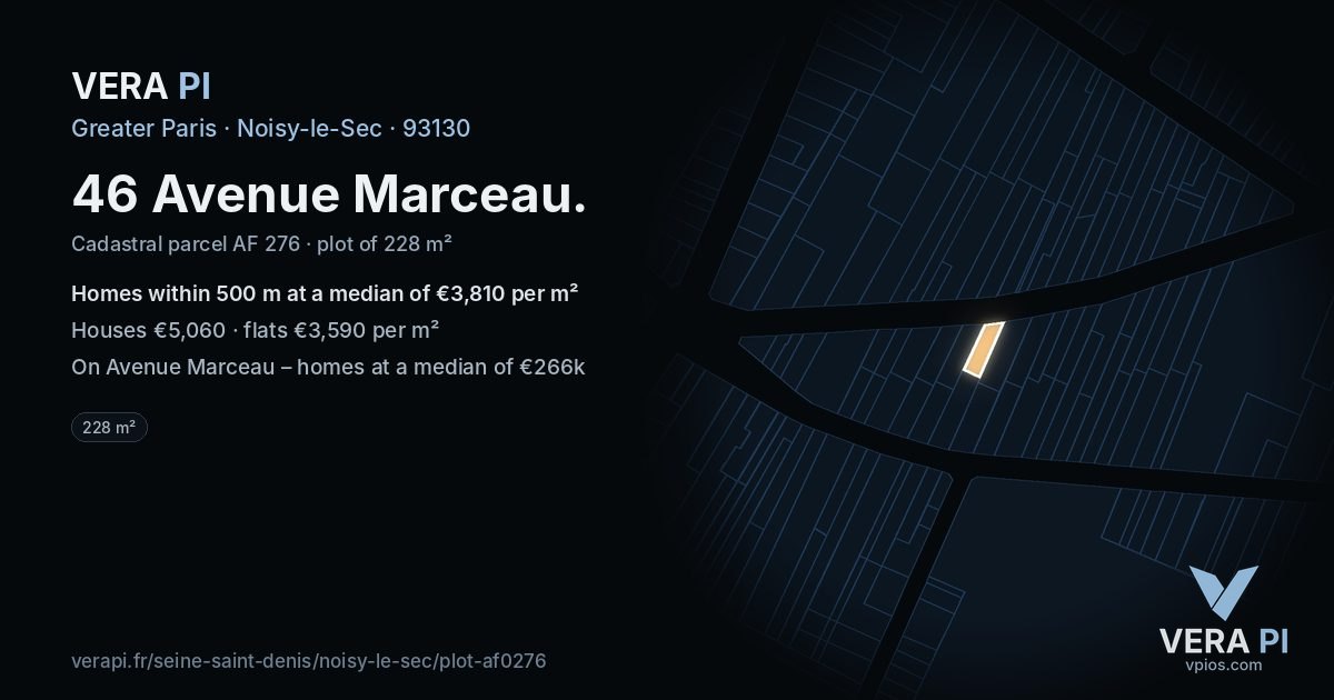 46 Avenue Marceau, Noisy-le-Sec at night – the plot lit, the parcels around coloured by the prices near them
