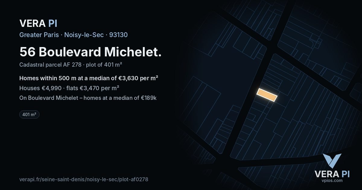 56 Boulevard Michelet, Noisy-le-Sec at night – the plot lit, the parcels around coloured by the prices near them