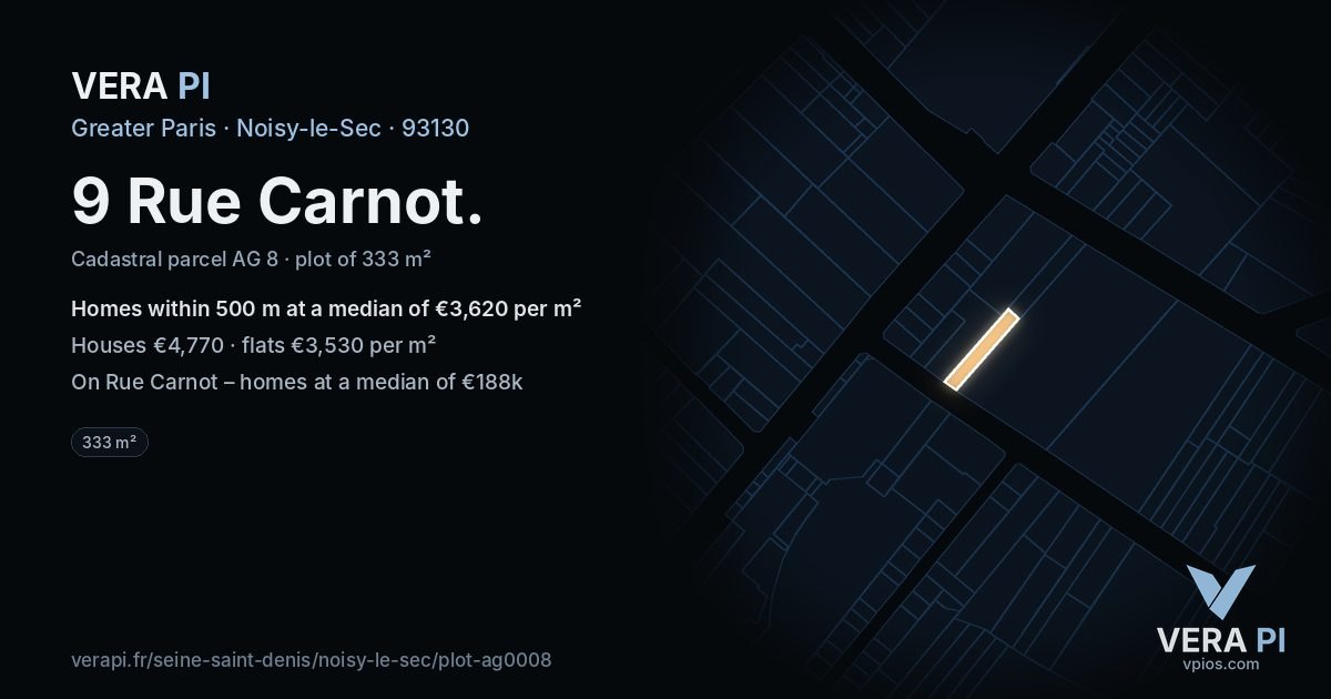 9 Rue Carnot, Noisy-le-Sec at night – the plot lit, the parcels around coloured by the prices near them