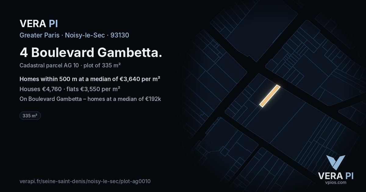 4 Boulevard Gambetta, Noisy-le-Sec at night – the plot lit, the parcels around coloured by the prices near them