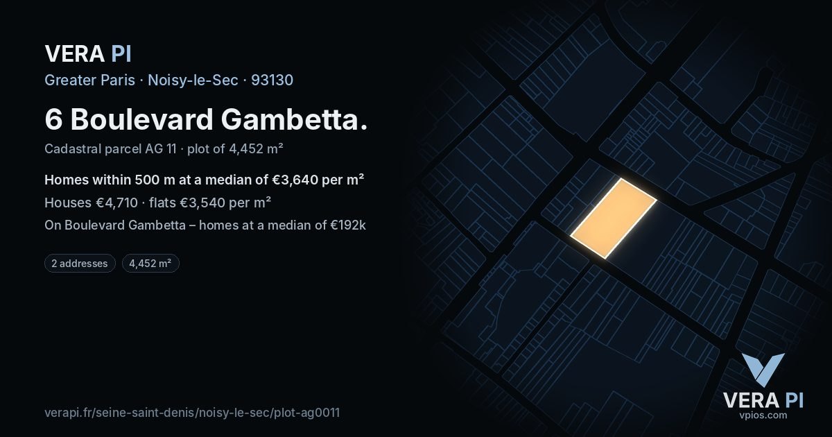 6 Boulevard Gambetta, Noisy-le-Sec at night – the plot lit, the parcels around coloured by the prices near them