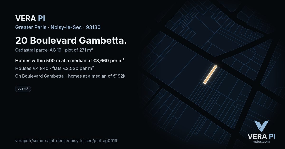 20 Boulevard Gambetta, Noisy-le-Sec at night – the plot lit, the parcels around coloured by the prices near them