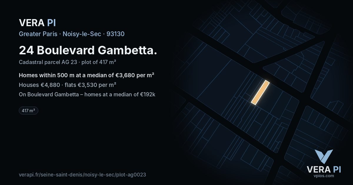 24 Boulevard Gambetta, Noisy-le-Sec at night – the plot lit, the parcels around coloured by the prices near them
