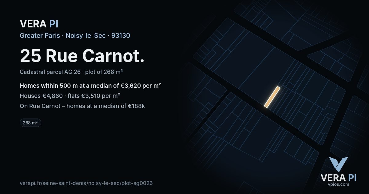 25 Rue Carnot, Noisy-le-Sec at night – the plot lit, the parcels around coloured by the prices near them