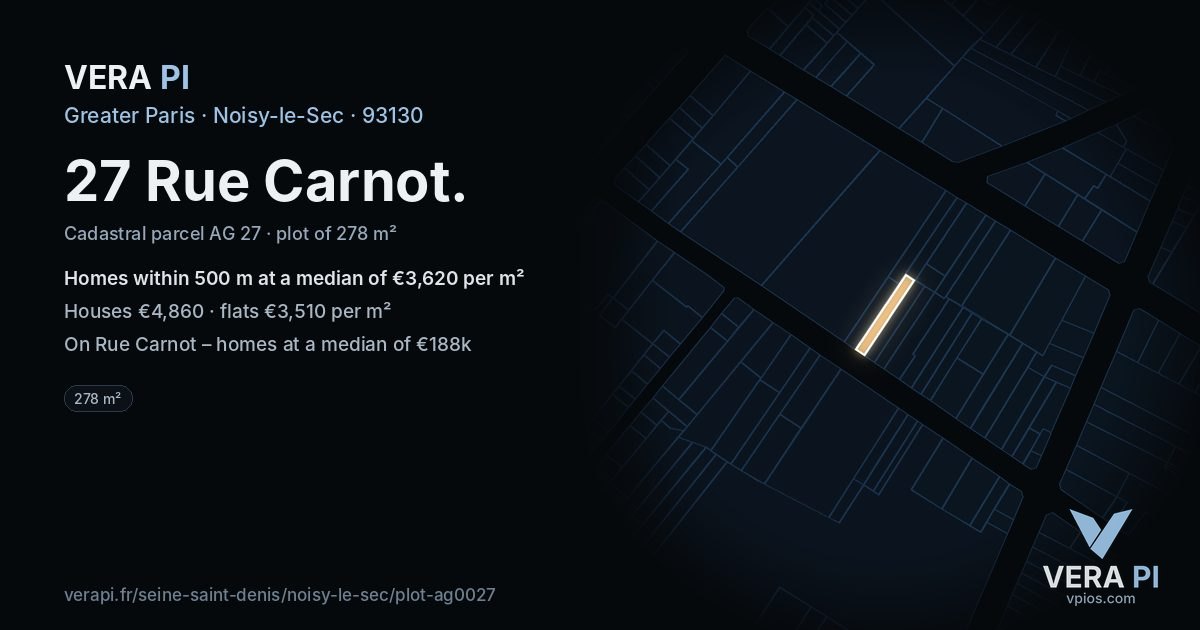 27 Rue Carnot, Noisy-le-Sec at night – the plot lit, the parcels around coloured by the prices near them