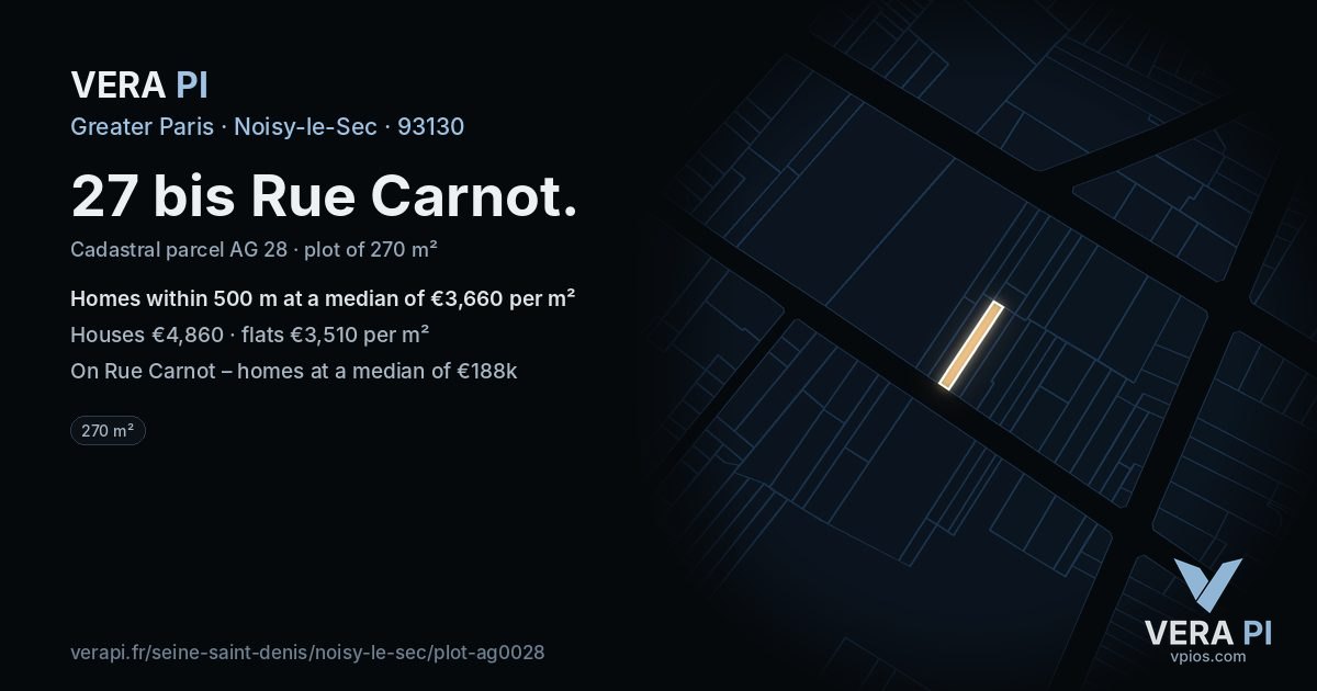 27 bis Rue Carnot, Noisy-le-Sec at night – the plot lit, the parcels around coloured by the prices near them