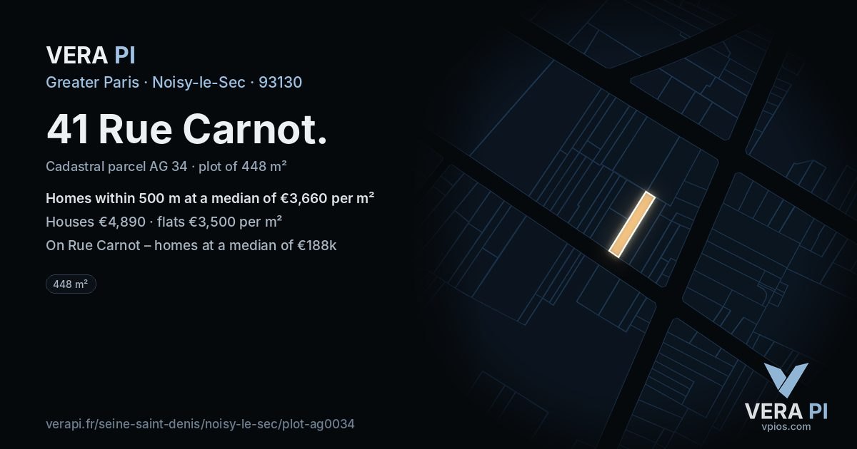 41 Rue Carnot, Noisy-le-Sec at night – the plot lit, the parcels around coloured by the prices near them