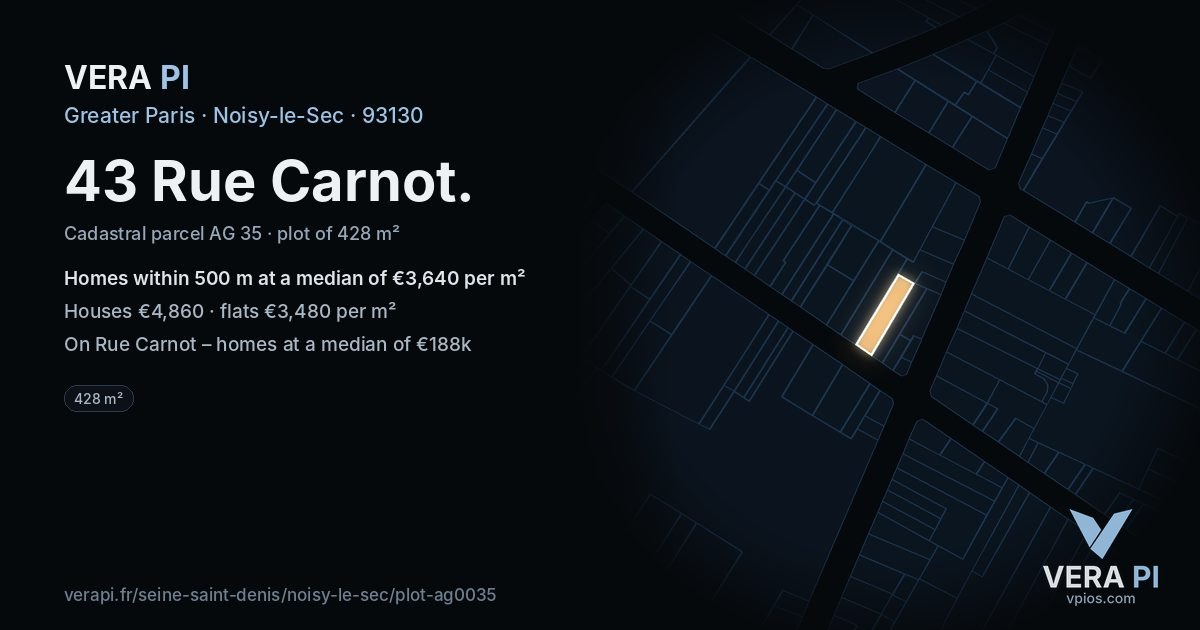 43 Rue Carnot, Noisy-le-Sec at night – the plot lit, the parcels around coloured by the prices near them